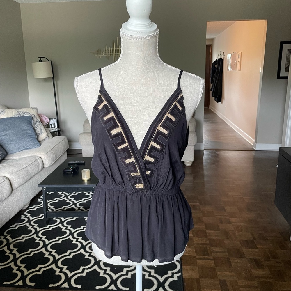 Free People Black Tank Top with Beige Trim
